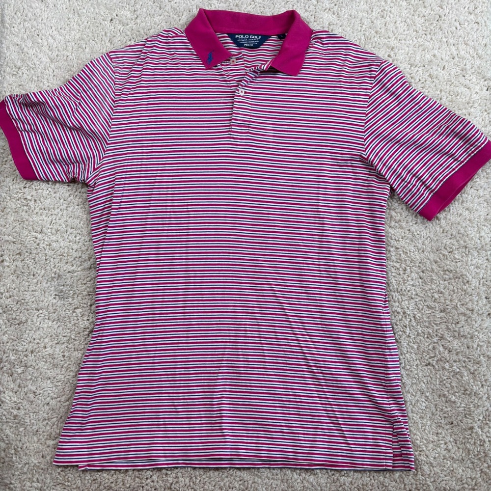 Polo Golf Ralph Lauren Polo Shirt Mens L Magenta Striped Excellent Pima Cotton